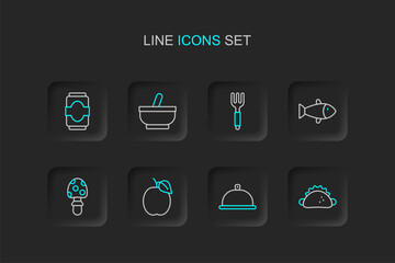 Naklejka premium Set line Taco with tortilla, Covered tray of food, Plum fruit, Fly agaric mushroom, Fish, Fork, Mortar and pestle and Soda can icon. Vector