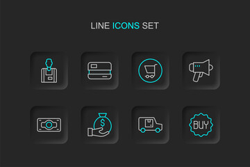 Naklejka premium Set line Buy button, Delivery cargo truck, Money bag, Stacks paper money cash, Megaphone, Shopping cart, Credit card and Seller icon. Vector