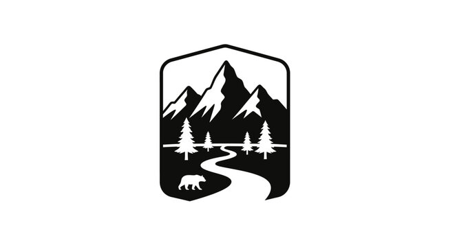 Minimalist mountain landscape emblem with bear and pine trees.