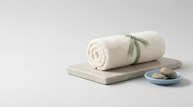 Rolled white towel tied with a green ribbon on a stone slab with small grey pebbles in a bowl