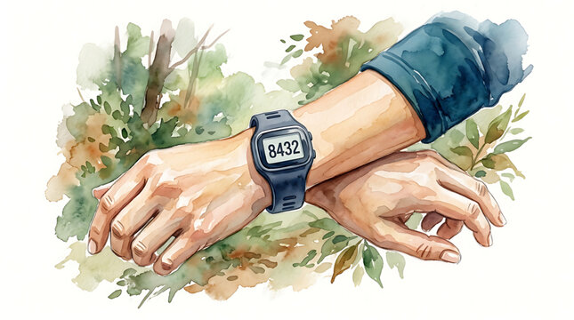 Watercolor illustration of a person wearing a digital wristwatch displaying steps against a soft artistic background of natural green foliage