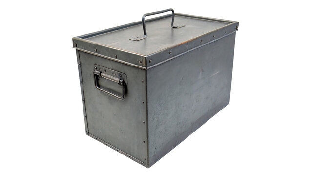 Heavy industrial metallic zinc plated storage box trunk with handles isolated on transparent background