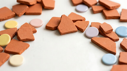 Fototapeta premium Scattered terracotta clay shards and small round ceramic tiles on a white background, surface view