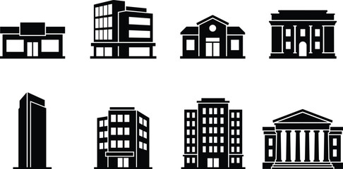 Obraz premium Building Icon Collection with Commercial Office Government and Residential Architecture Silhouette Set