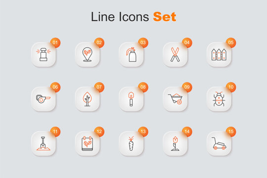 Set line Lawn mower, Flower tulip, Carrot, Calendar with autumn leaves, Shovel, Colorado beetle, Wheelbarrow and Garden trowel spade shovel icon. Vector