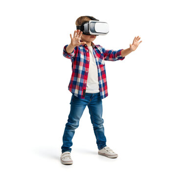 Child using virtual reality headset and controllers