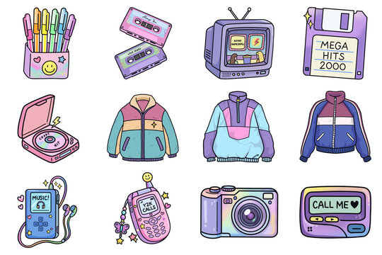 Retro Y2K nostalgic lifestyle elements and electronic gadgets sticker set