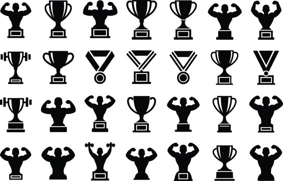 Set of various bodybuilding trophies, medals, and strongman silhouettes on a white background