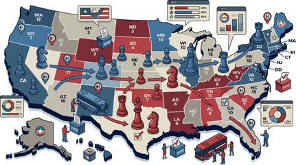 United States Election Map Vector Concept Illustrating Political Strategy, Chess Piece Movement, Campaign Data Analytics, and Voting Demographics Infographic Design © Md