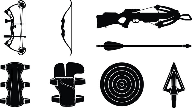 Archery and hunting equipment silhouette icon set featuring compound bow traditional recurve crossbow arrow and target