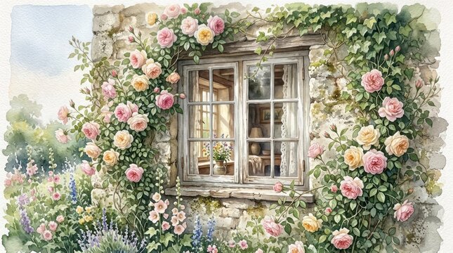Rustic window framed by blooming roses and greenery