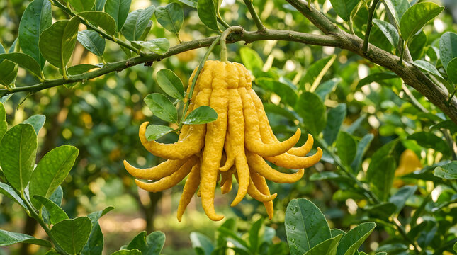 Buddha's hand citron fruit on tree branch