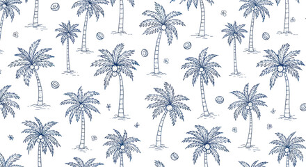Seamless Pattern of Stylized Palm Trees and Coconuts. © Baru