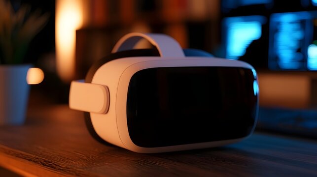 A virtual reality visor rests in a contemporary workspace framed by glowing blue data interfaces and warm ambient light