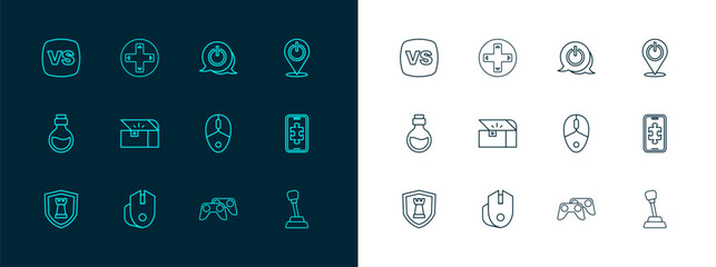 Set line Power button, Computer mouse, Game controller or joystick, Chest for game, VS Versus battle and icon. Vector © Iryna