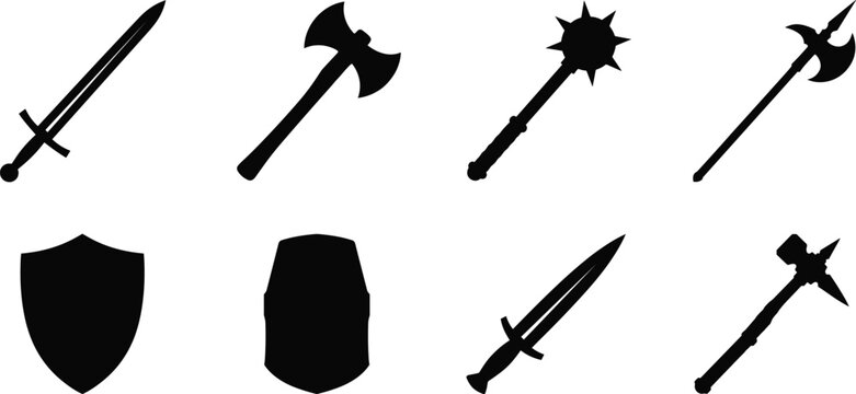 Medieval weapons and armor silhouette icon set featuring sword battle axe morningstar shields and war hammer