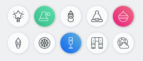 Fototapeta premium Set line Glass of champagne, Christmas ball, toy, Winter scarf, Santa Claus hat, and beard, night and Snowflake icon. Vector