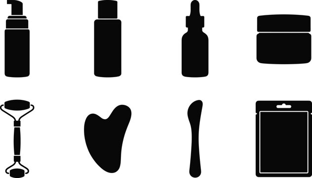 Skincare routine and beauty product icon set featuring serum bottles cosmetics facial roller and gua sha silhouettes