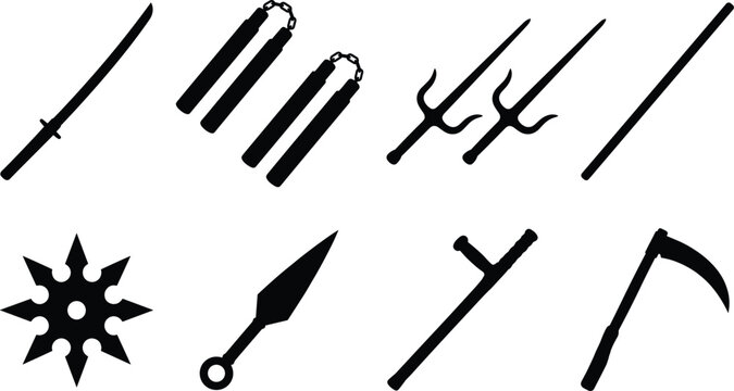 Traditional martial arts and ninja weapons silhouette icon set featuring katana sword nunchucks and shuriken