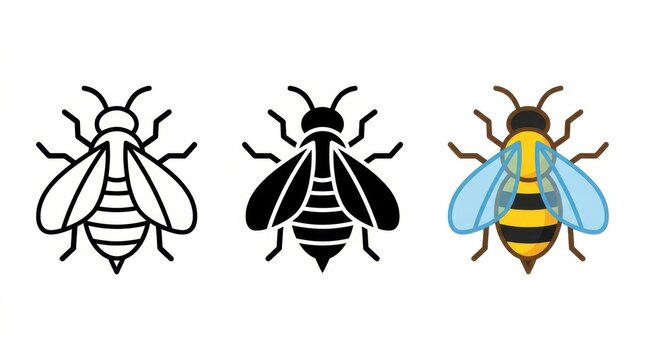 Bee Icon Collection: A set of three bee icons, showcasing different styles from outline and silhouette to a colorful, stylized representation.