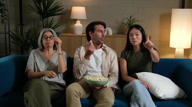 Three generations of a family sitting on a couch, eating popcorn and watching a movie at night