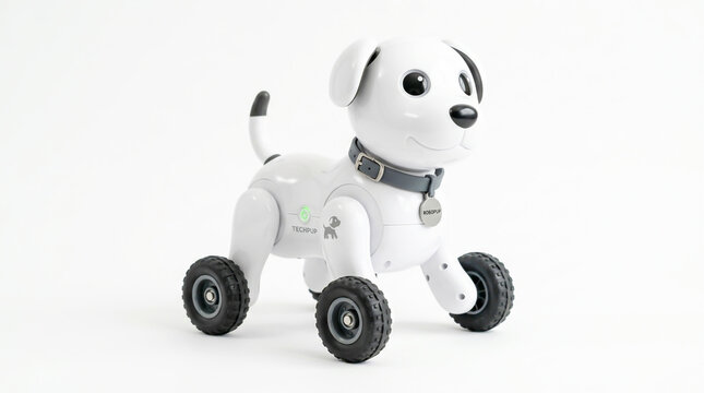 Cute white robot dog toy on wheels