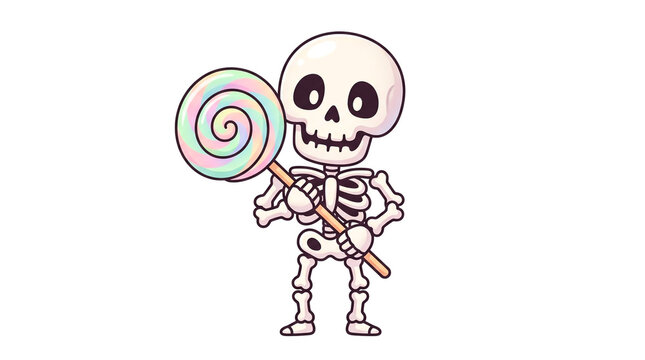Cute cartoon skeleton holding a colorful spiral lollipop