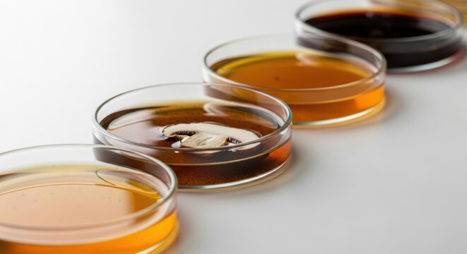 Microbiome health research petri dish with amber culture samples and mushroom slice in lab setting conveying scientific study and wellness insights