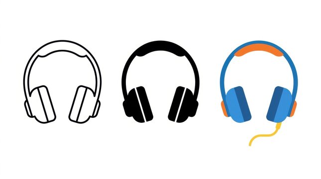 Headphone Icon Set: Three distinct styles of headphones are presented: a line art outline, a solid black silhouette, and a colorful icon with a cord.