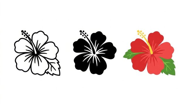 Hibiscus Flower Illustration Set: A minimalist collection featuring a hand-drawn line art sketch, a bold black silhouette, and a vibrant colored floral graphic of a tropical hibiscus bloom.