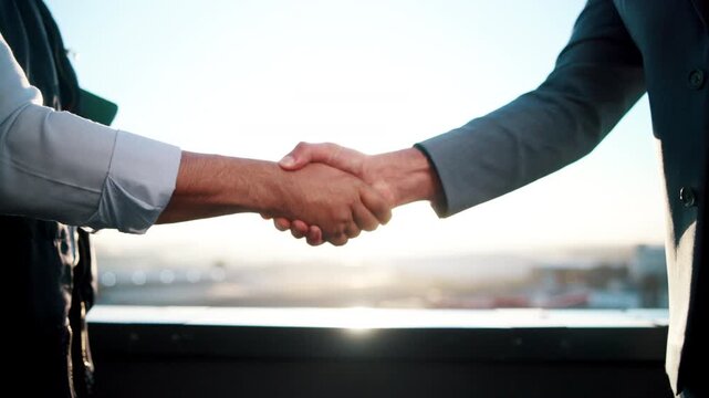 Real estate, people or handshake on balcony with greeting, intro or deal closed in sale agreement. Tech, flare or realtors with shaking hands, property exchange or success in investment negotiation.