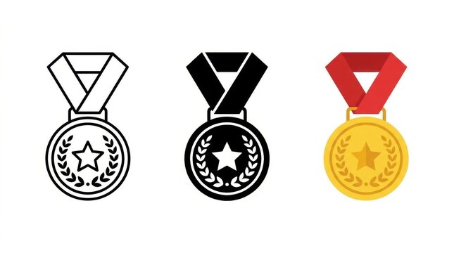 Medal Icons: A set of three medal icons showcasing different styles, including a line art outline, a solid silhouette, and a colored illustration, representing achievement and victory.