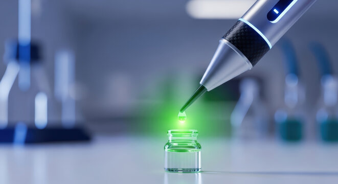 Modern healthcare technology shows precise digital pipette dispensing liquid into small glass vial in clean laboratory setting