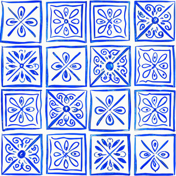 Blue floral ornament pattern on white background traditional azulejo style