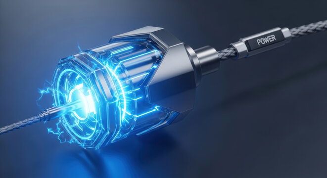 Nuclear fusion research power energy technology electric cable blue glowing futuristic science innovation metal connector wire current spark