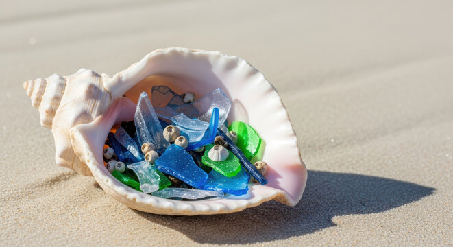 Ocean preservation is vital for health as this shows seashell filled with colorful plastic debris on sandy beach