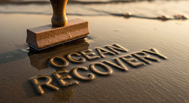 Ocean recovery concept with wooden stamp on wet sand at beach shore promoting health and preservation of marine environment