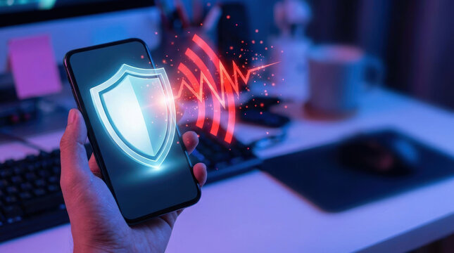 Secure smartphone shield online scam prevention protecting mobile device with alert signal and modern workspace lighting