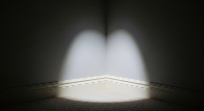Empty corner with light spot on wall and carpet floor showing property evaluation concept