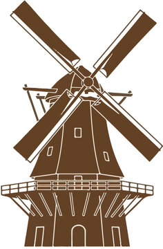 Vintage windmill vector illustration, brown rustic wind mill icon, traditional dutch windmill silhouette for organic bakery and flour mill branding