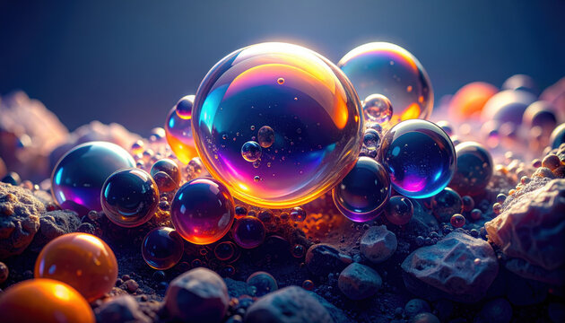 Colorful glass spheres resembling stones create vibrant scene with polycystic disease like pattern in surreal environment