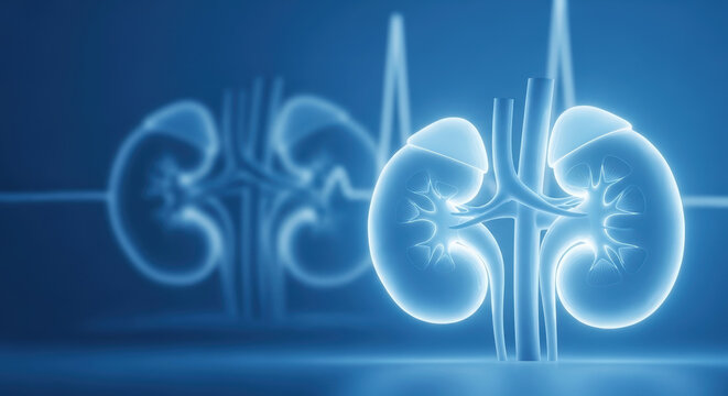 Treating kidney disease concept with glowing human kidney anatomy and heartbeat line on blue background for medical health care