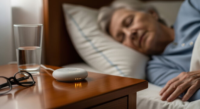 Ai device on wooden bedside table supports eldercare by monitoring health while elderly person peacefully sleeps in bed