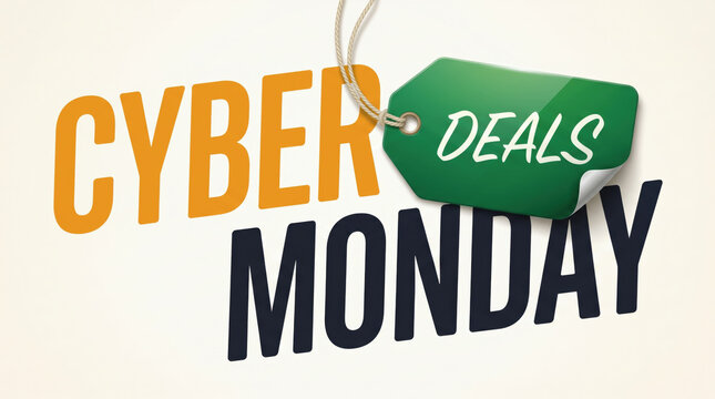 Cyber Monday Deals with Hanging Price Tag, Online Shopping Discount Promotion Banner on White Background