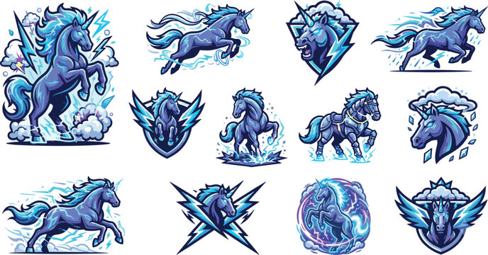 Magic Blue Unicorn Mascot Vector Icon Set with Powerful Celestial Mythical Horses Lightning Bolts and Crest Shields for Esports Gaming Logo Designs