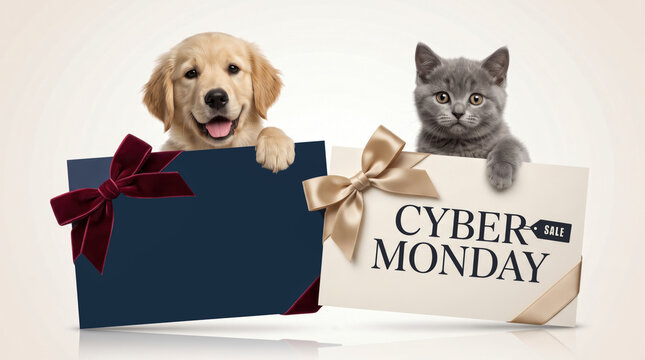 Cute Puppy Dog and Cat Holding Gift Boxes with Cyber Monday Sign on White Background, Holiday Shopping Sale Banner