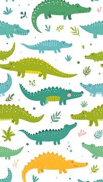 A colorful illustration of various crocodiles and plants on a white background