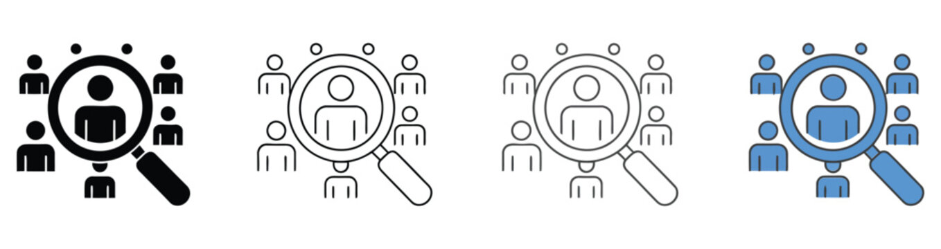 Recruitment icon set featuring magnifying glass searching people, human resources, talent acquisition, employee selection, candidate search, and hiring process symbols, vector, designs