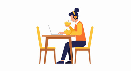 Fototapeta premium Flat Vector Illustration of a Woman Multitasking, Eating Breakfast Cereal while Working on Laptop with Headphones