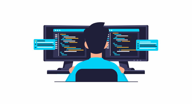 Software Developer Working on Dual Monitors Flat Vector Illustration for Coding and Web Development Concepts